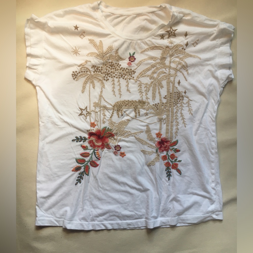 Embroidered Palm Trees and Sleepy Leopard Cotton Tee Sz Sm